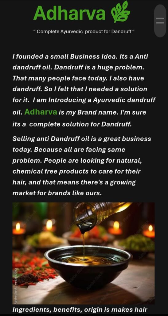 Brand marketing website design example for Adharva Ayurvedic anti-dandruff oil by website developer and SEO expert"